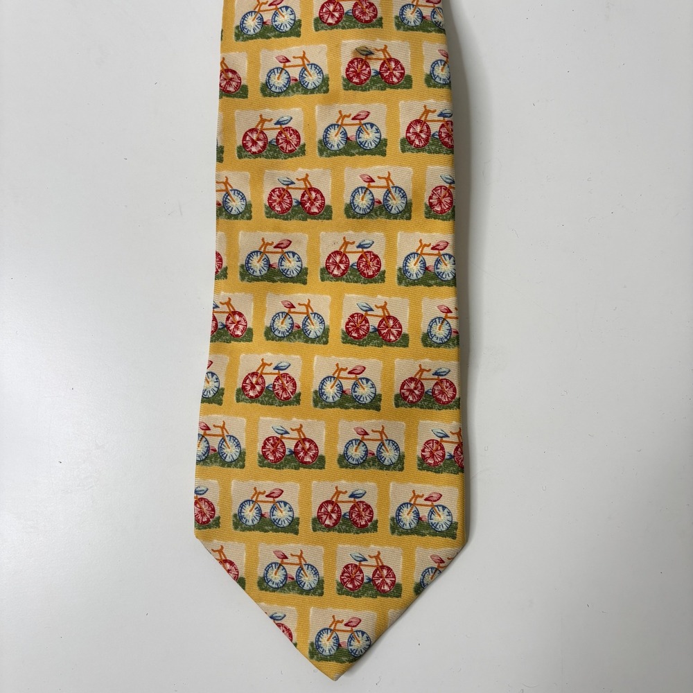 VTG Banana Republic Necktie Bicycle Print Yellow 100% Silk Made in Italy Novelty